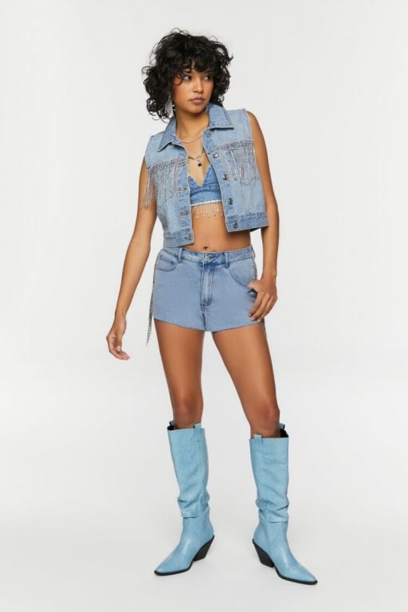 Short Forever 21 Rhinestone Fringe Denim Mujer Azules Claro | phPwvzq7nmn