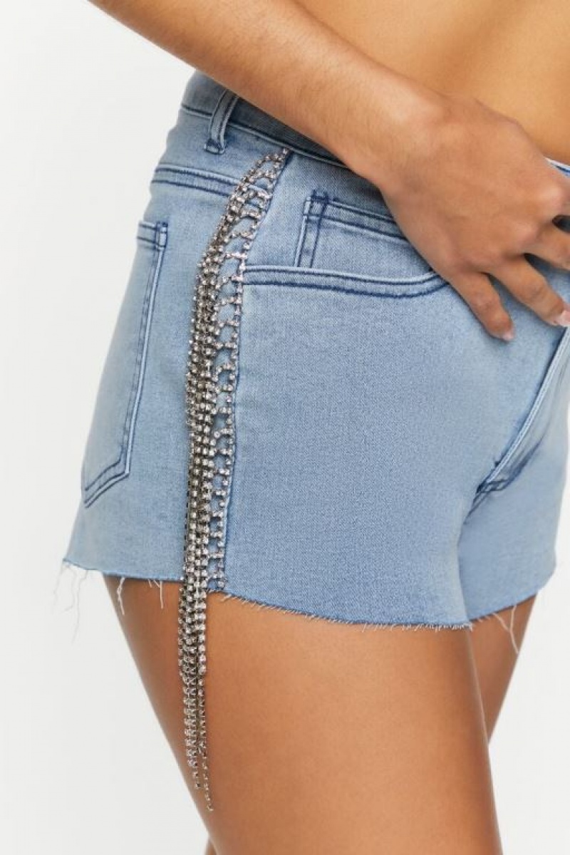 Short Forever 21 Rhinestone Fringe Denim Mujer Azules Claro | phPwvzq7nmn