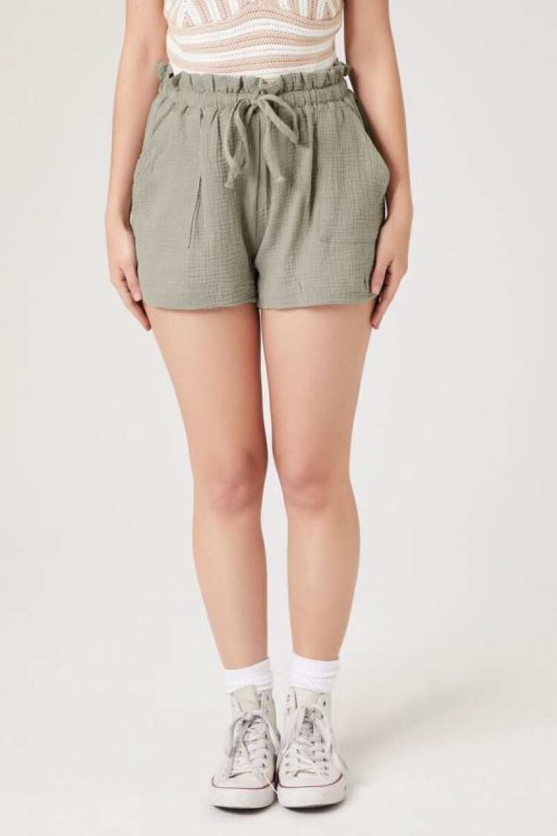 Short Forever 21 Ruffle Trim Drawstring Mujer Verde Oliva | AR3HWURq86P