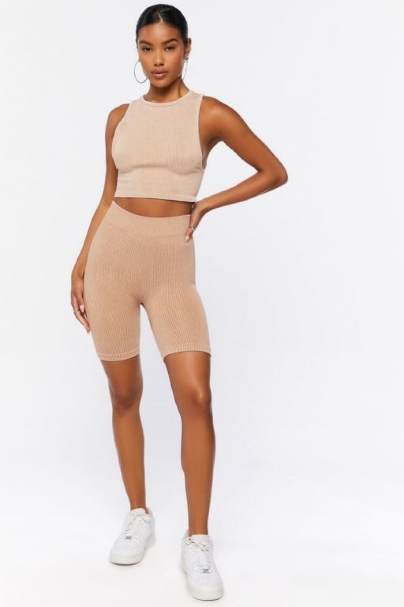 Short Forever 21 Seamless Acanalado Biker Mujer Walnut | ZPHAyUIkmJO