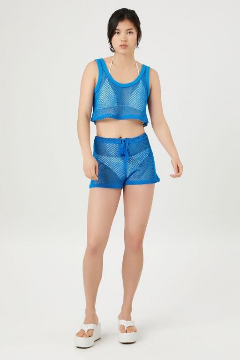 Short Forever 21 Sheer Netted Drawstring Mujer Azules | SdKJHSykBCF