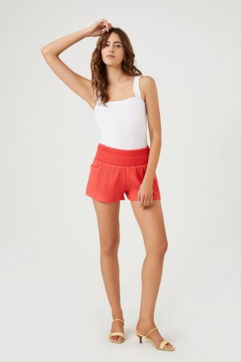 Short Forever 21 Smocked Textured Mujer Cayenne | KYEUXNWlyqv