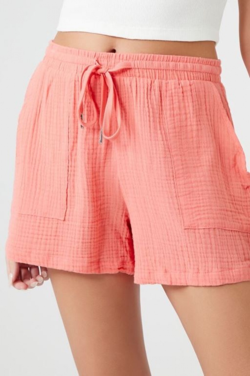 Short Forever 21 Textured Drawstring Pull On Mujer Coral | ivKM5IdnTEO