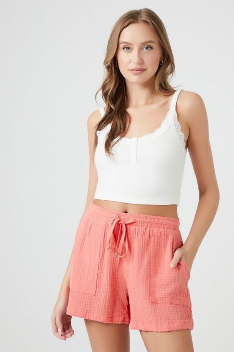 Short Forever 21 Textured Drawstring Pull On Mujer Coral | ivKM5IdnTEO