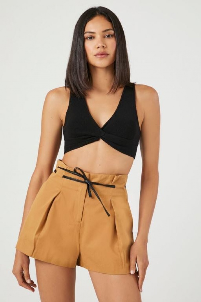 Short Forever 21 Tie Waist Paperbag Mujer Kaki | S6Ikrox0MXk