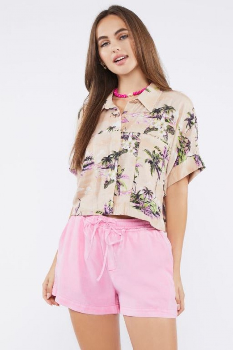 Short Forever 21 Twill Drawstring Mujer Rosas | WlaYT3BFJQ3