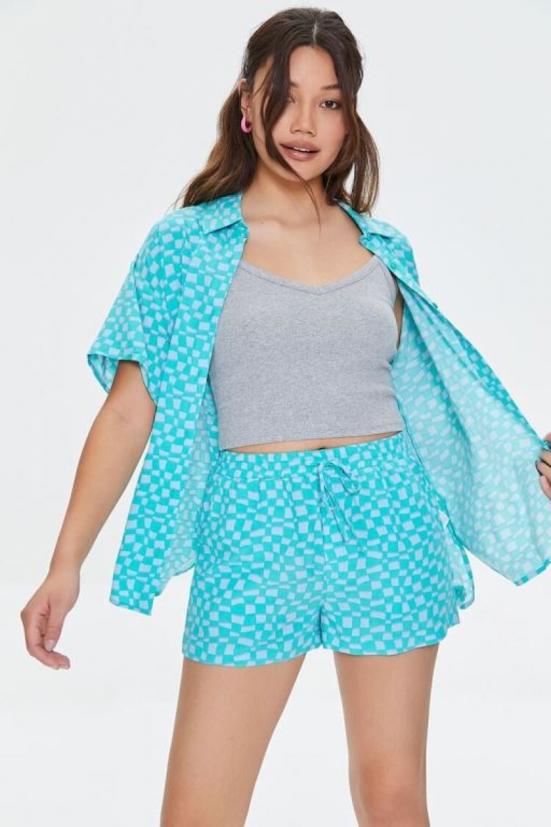 Short Forever 21 Wavy Checkered Drawstring Mujer Azules | fzP4YDjIWfU