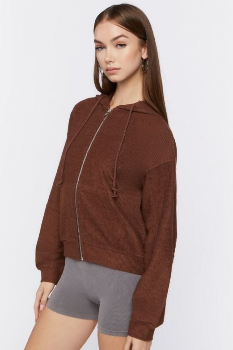 Sudadera con Capucha Forever 21 Acanalado Zip Up Mujer Chocolate | b5Hmn477ISI