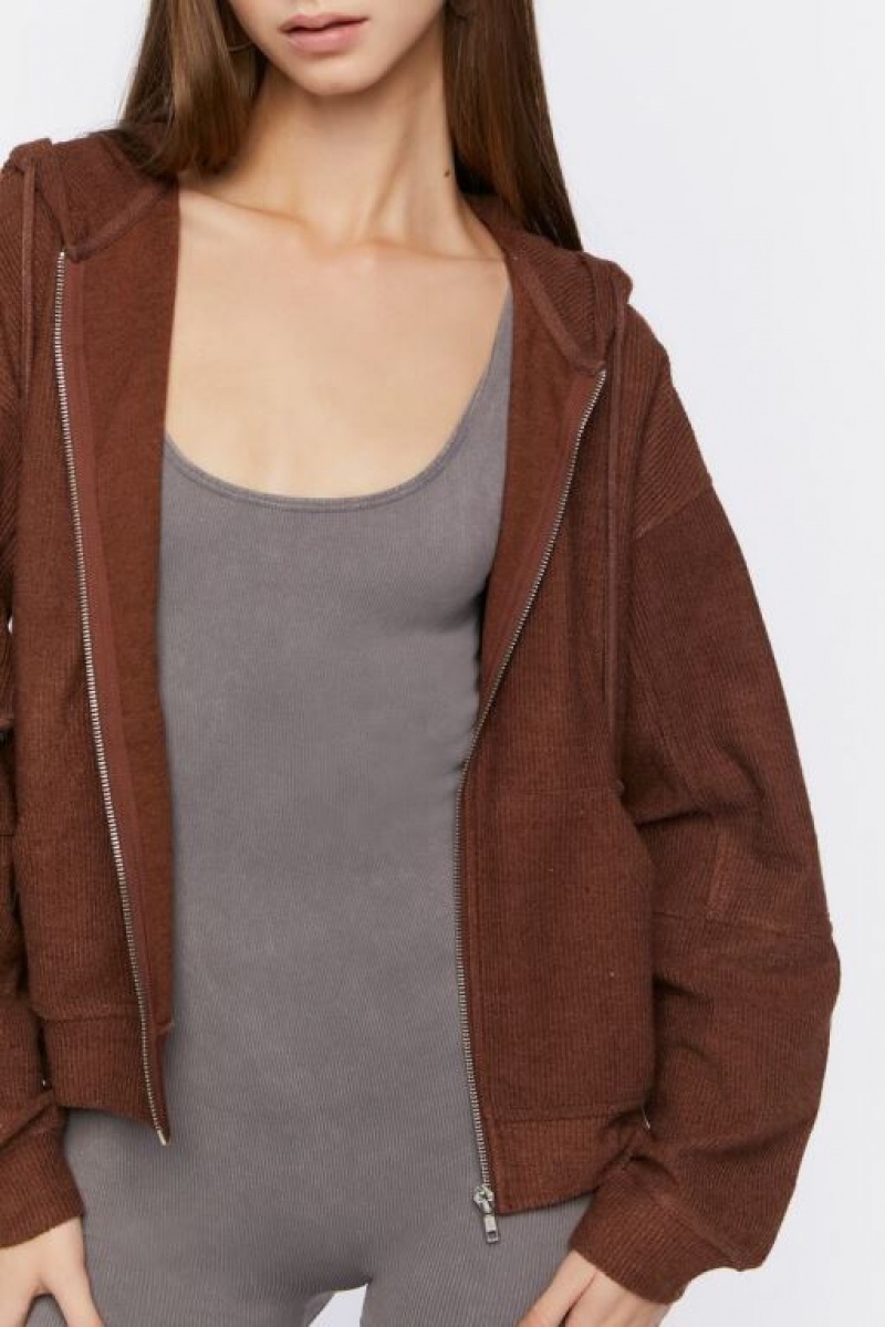 Sudadera con Capucha Forever 21 Acanalado Zip Up Mujer Chocolate | b5Hmn477ISI