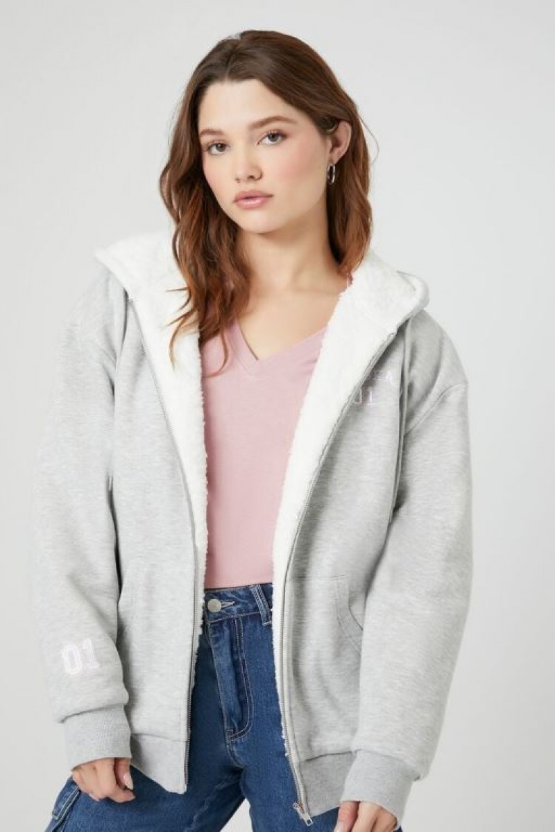 Sudadera con Capucha Forever 21 Alaska Faux Shearling Zip Up Mujer Gris Multicolor | UOXkOfDqQCV