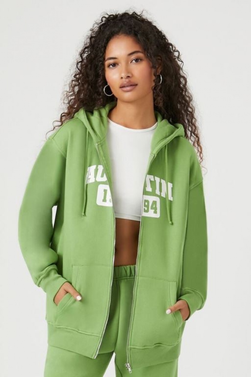 Sudadera con Capucha Forever 21 Austin Estampadas Fleece Zip Up Mujer Verde Multicolor | az5gxmfnw5e