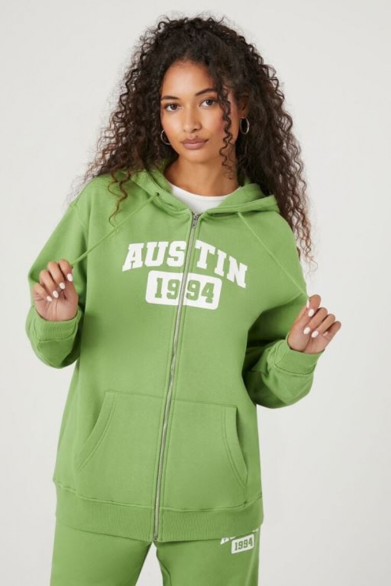 Sudadera con Capucha Forever 21 Austin Estampadas Fleece Zip Up Mujer Verde Multicolor | az5gxmfnw5e