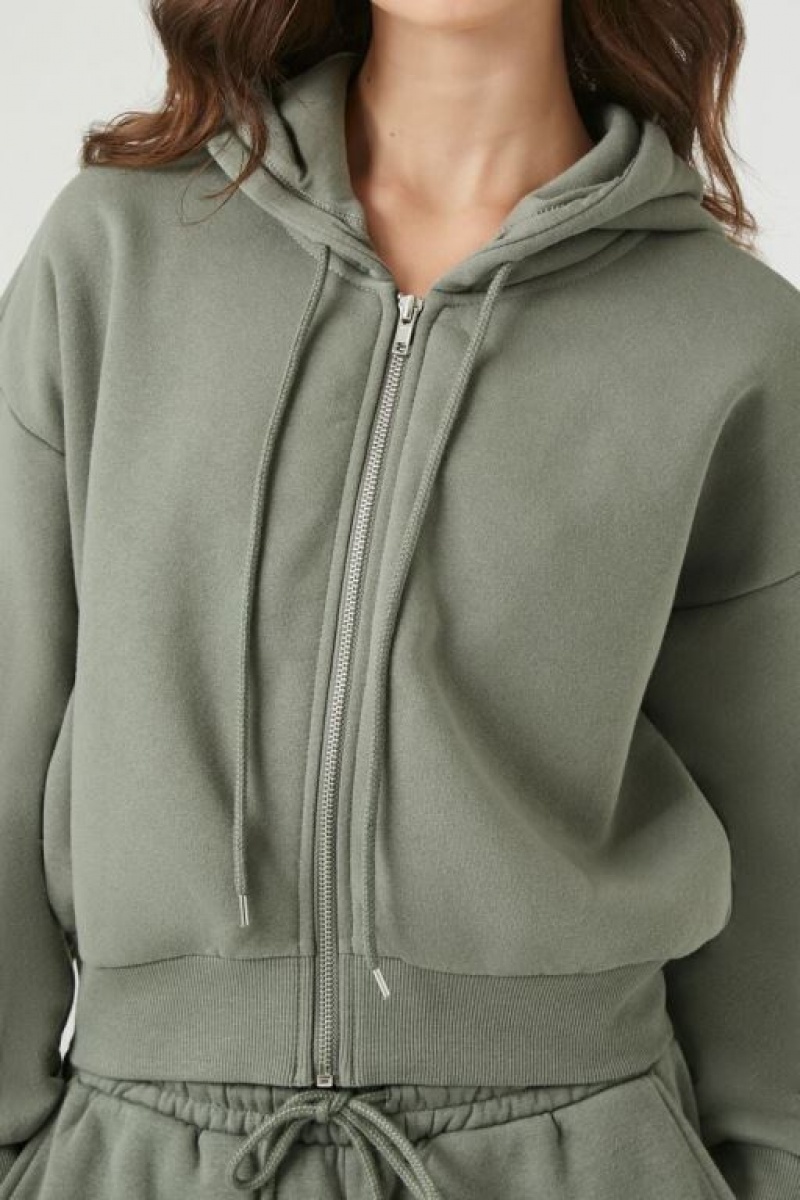 Sudadera con Capucha Forever 21 Basic Fleece Zip Up Mujer Verde Oliva Oscuro | NjLWkhu92md