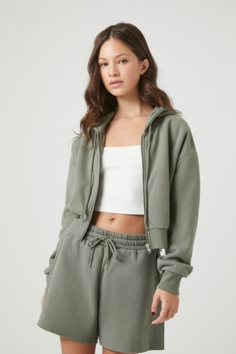 Sudadera con Capucha Forever 21 Basic Fleece Zip Up Mujer Verde Oliva Oscuro | NjLWkhu92md