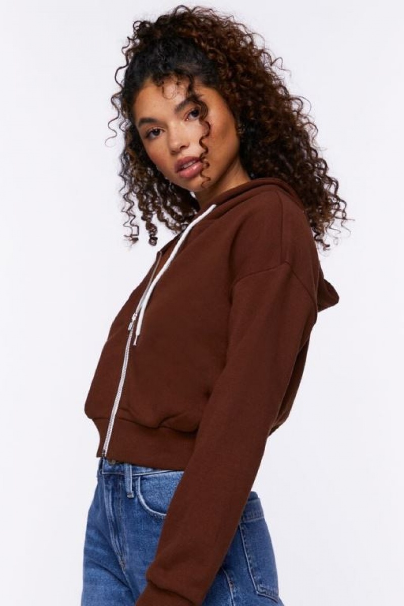 Sudadera con Capucha Forever 21 Basic Fleece Zip Up Mujer Marrones | t8JOcY3C5jH