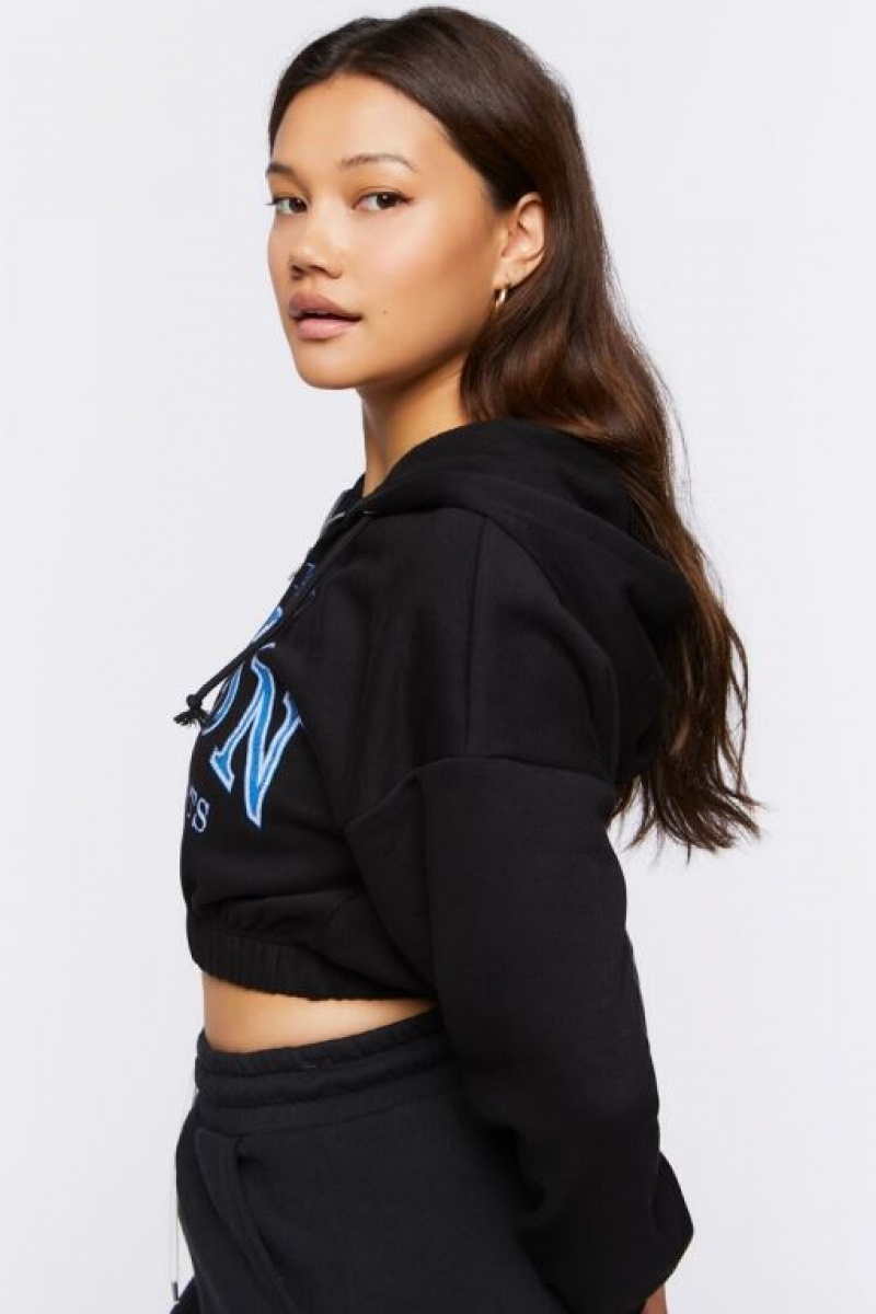 Sudadera con Capucha Forever 21 Boston Cropped Zip Up Mujer Negras Multicolor | 6EhomEr92iF