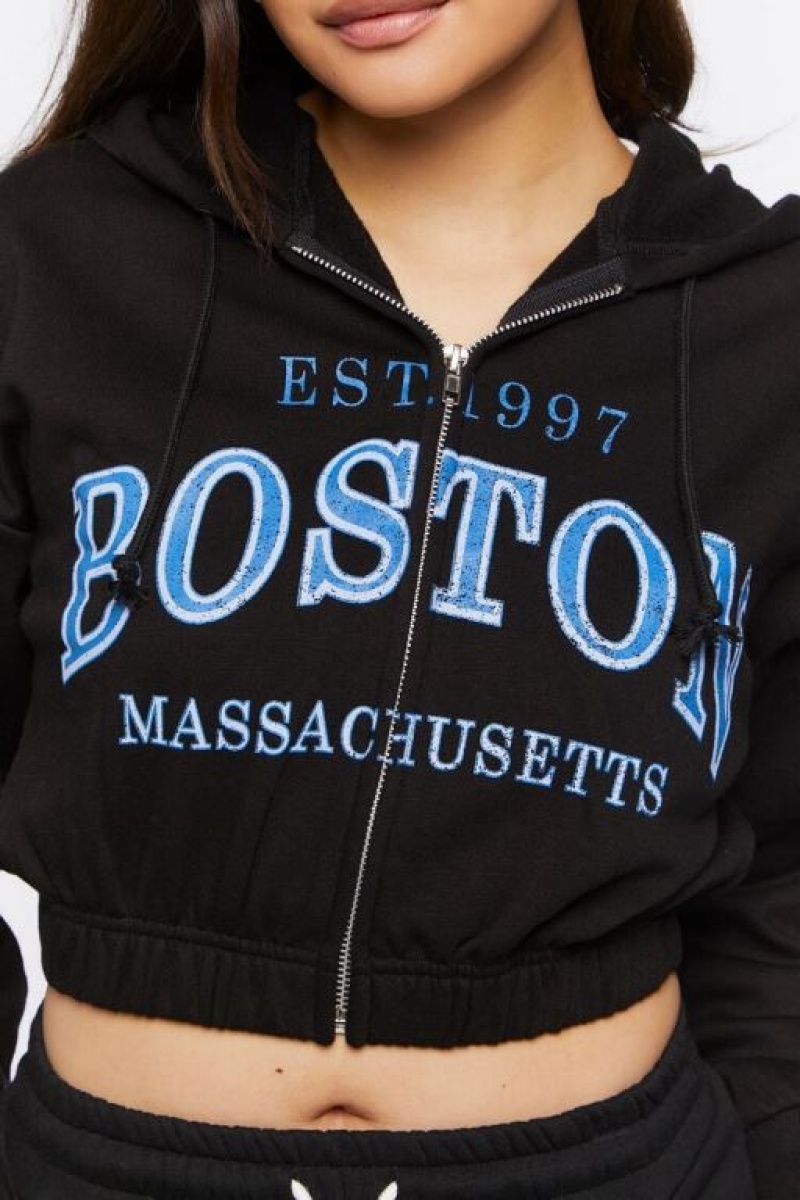 Sudadera con Capucha Forever 21 Boston Cropped Zip Up Mujer Negras Multicolor | 6EhomEr92iF