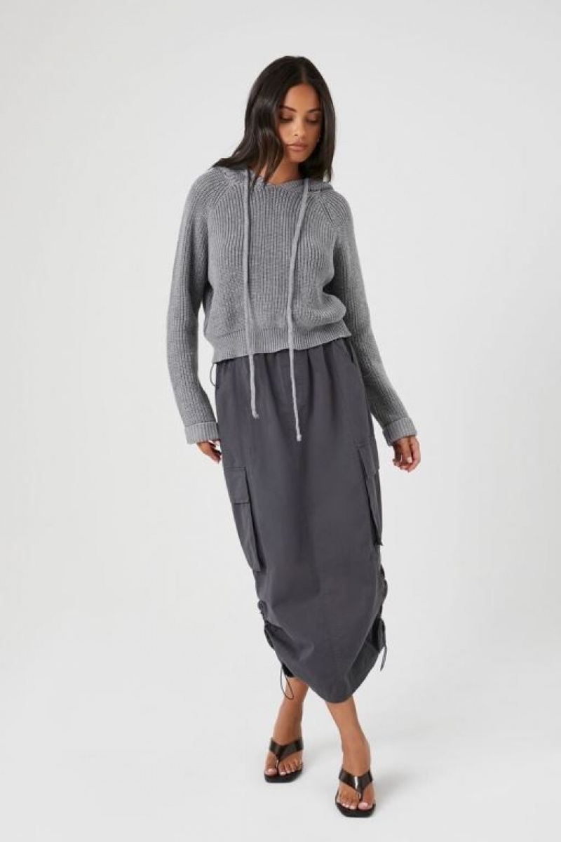 Sudadera con Capucha Forever 21 Cable Knit Drawstring Mujer Gris | BOirJpDWBWb