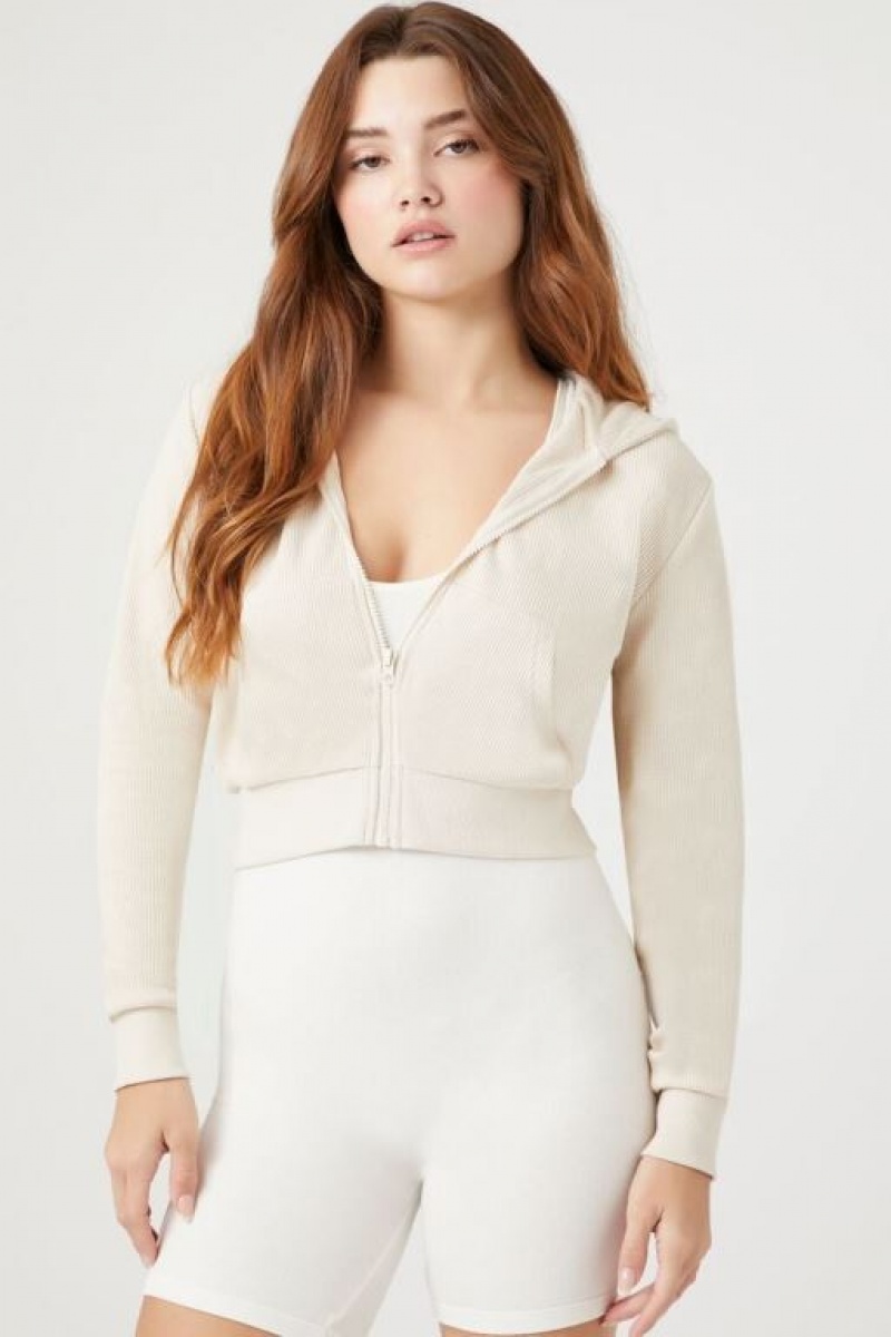 Sudadera con Capucha Forever 21 Cropped Zip Up Mujer Beige | 1L2jtBvUqKq