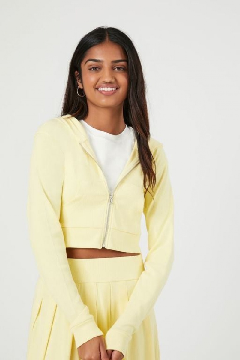 Sudadera con Capucha Forever 21 Cropped Zip Up Mujer Amarillo Claro | k1O0uokarN7