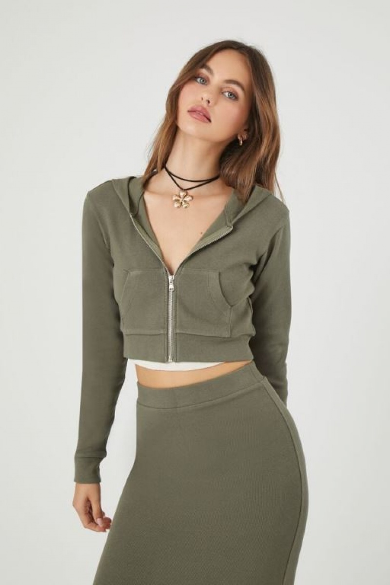 Sudadera con Capucha Forever 21 Cropped Zip Up Mujer Verde Oliva Oscuro | L5NP701gmrX