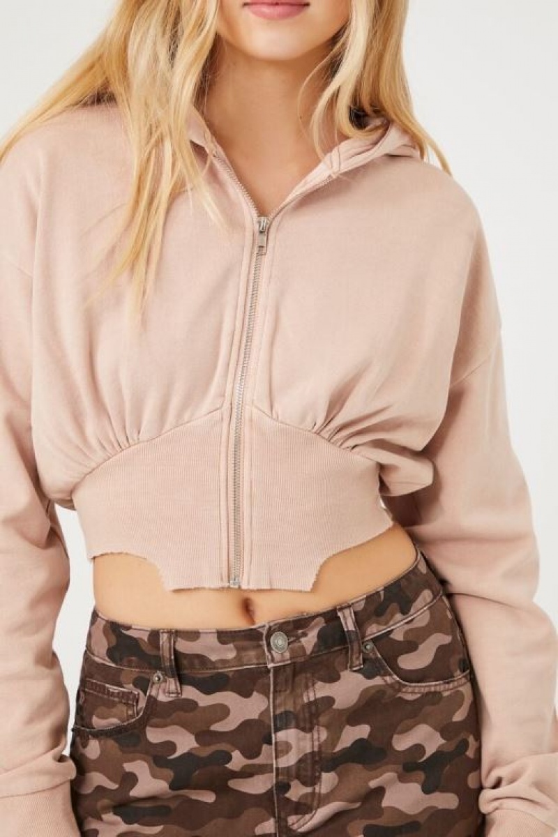 Sudadera con Capucha Forever 21 Cropped Zip Up Mujer Beige | 2TD9cXbWCLN