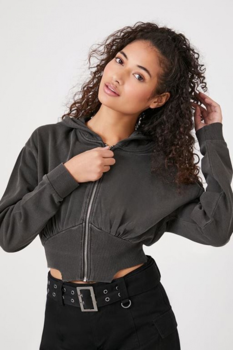 Sudadera con Capucha Forever 21 Cropped Zip Up Mujer Gris | v411UfkzuC4