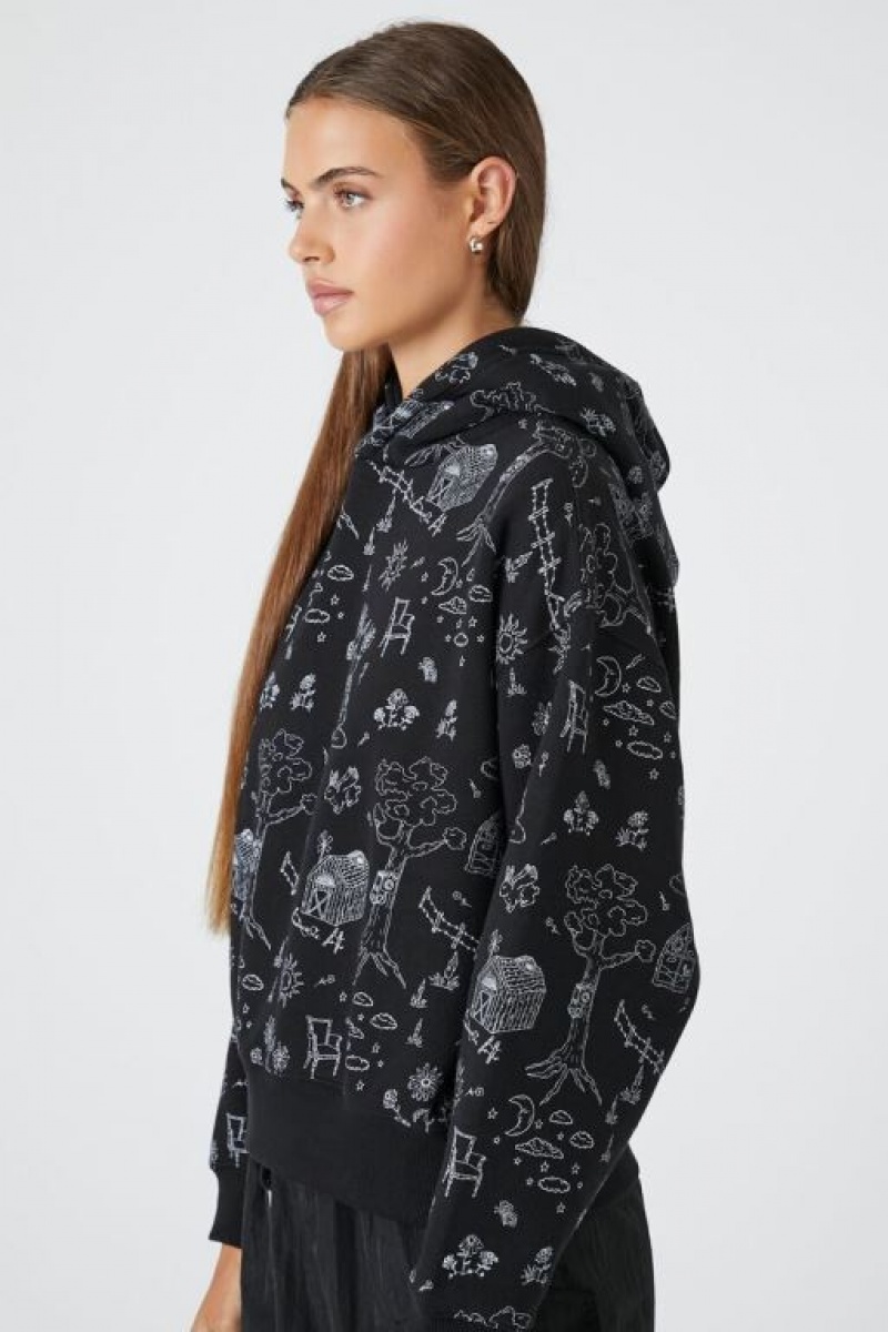 Sudadera con Capucha Forever 21 Doodle Estampadas Mujer Negras Multicolor | 9fNJ8CAuzP6