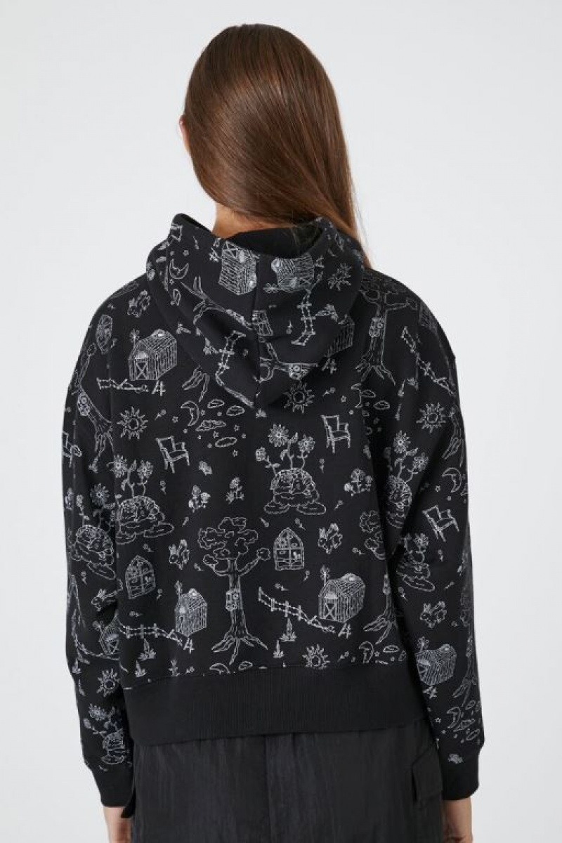 Sudadera con Capucha Forever 21 Doodle Estampadas Mujer Negras Multicolor | 9fNJ8CAuzP6