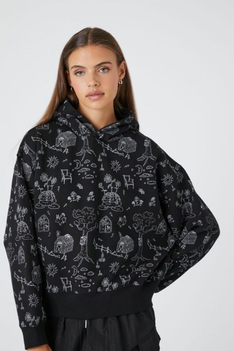 Sudadera con Capucha Forever 21 Doodle Estampadas Mujer Negras Multicolor | 9fNJ8CAuzP6