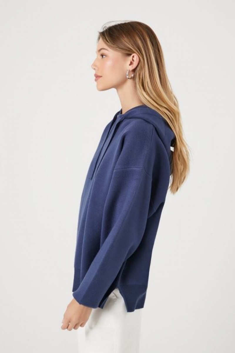 Sudadera con Capucha Forever 21 Drawstring Knit Mujer Azul Marino | FvKOWIN1rm2