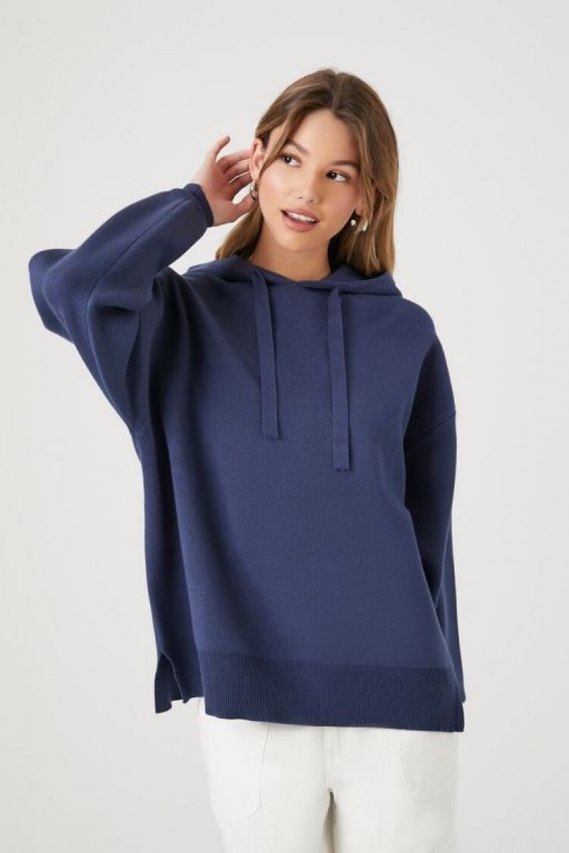 Sudadera con Capucha Forever 21 Drawstring Knit Mujer Azul Marino | FvKOWIN1rm2