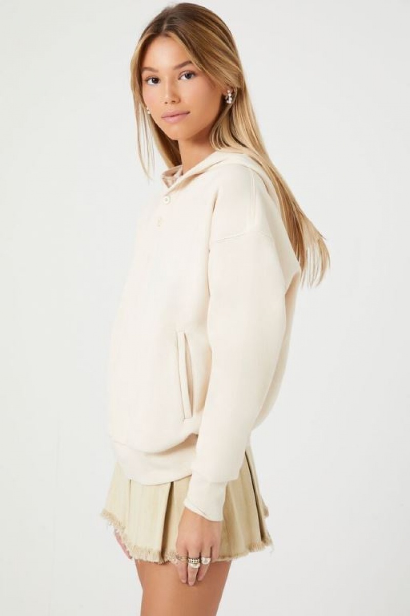 Sudadera con Capucha Forever 21 Drop Sleeve Fleece Mujer Creme | fQyppzJaslm