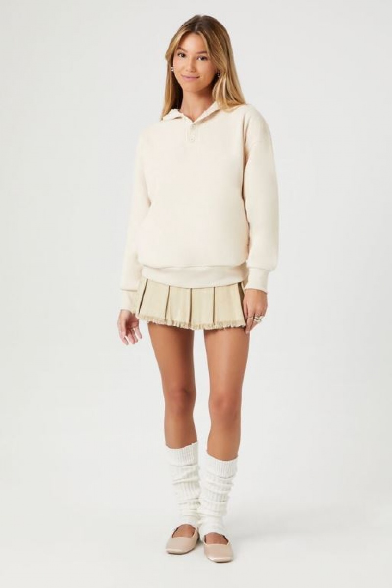 Sudadera con Capucha Forever 21 Drop Sleeve Fleece Mujer Creme | fQyppzJaslm