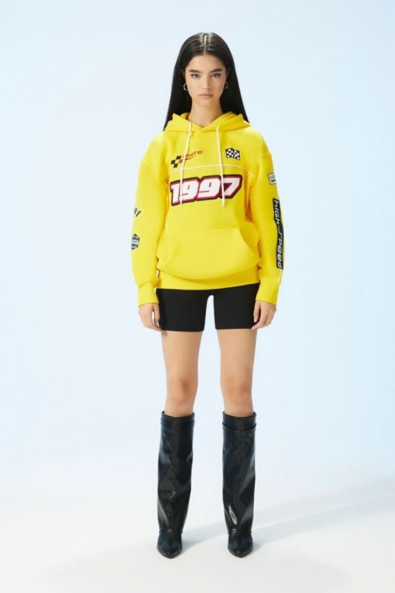 Sudadera con Capucha Forever 21 Embroidered Moto Patch Mujer Amarillo Multicolor | hHtfRKUPV9d