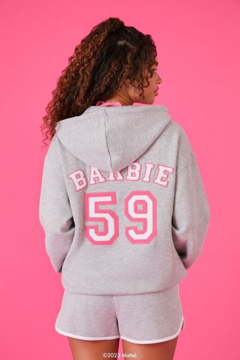 Sudadera con Capucha Forever 21 Embroidered Barbie Zip Up Mujer Gris Multicolor | kvyymdiJMxa