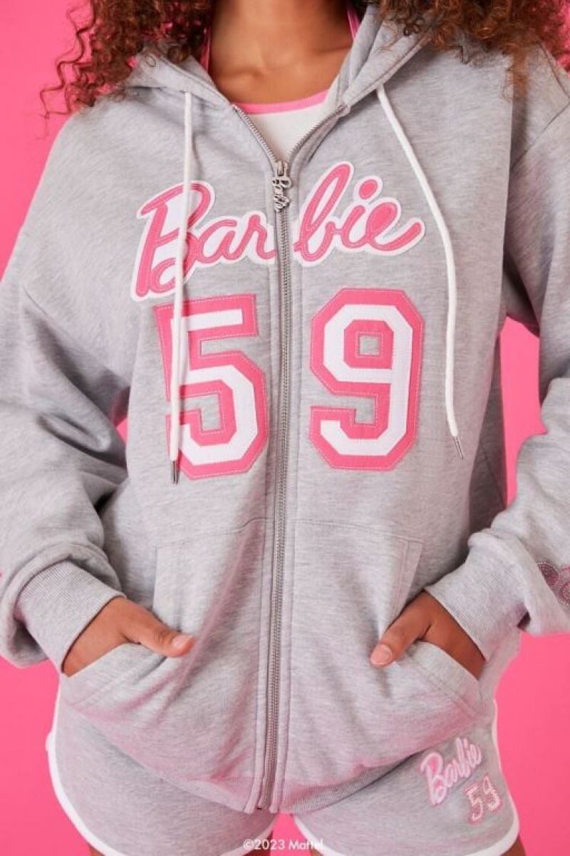 Sudadera con Capucha Forever 21 Embroidered Barbie Zip Up Mujer Gris Multicolor | kvyymdiJMxa