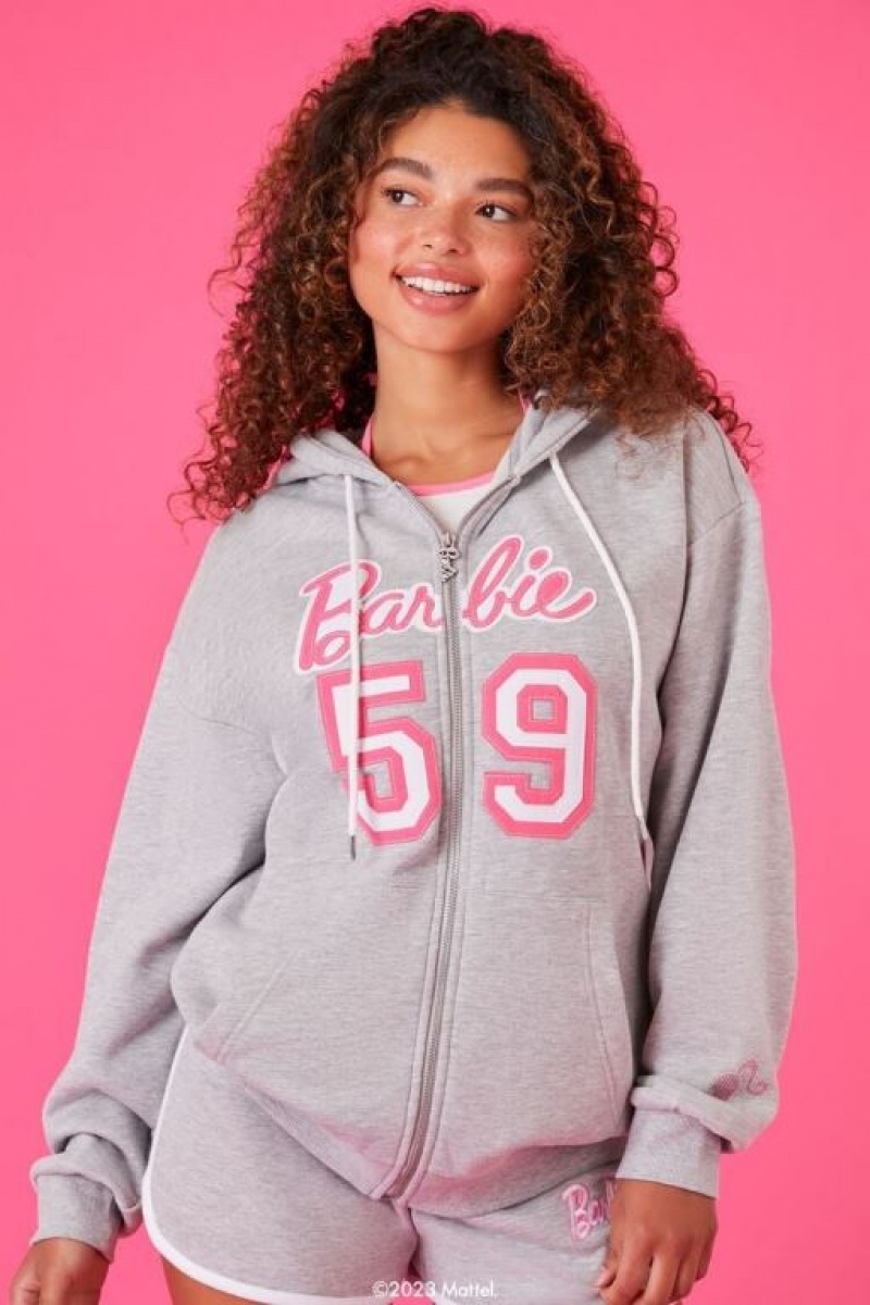 Sudadera con Capucha Forever 21 Embroidered Barbie Zip Up Mujer Gris Multicolor | kvyymdiJMxa