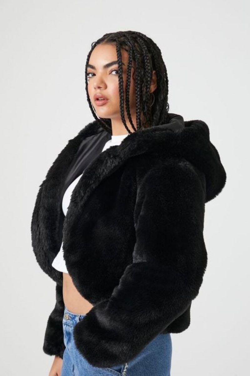 Sudadera con Capucha Forever 21 Faux Fur Open Front Mujer Negras | SPjeI4Zigob