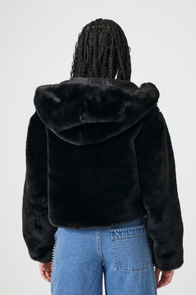 Sudadera con Capucha Forever 21 Faux Fur Open Front Mujer Negras | SPjeI4Zigob