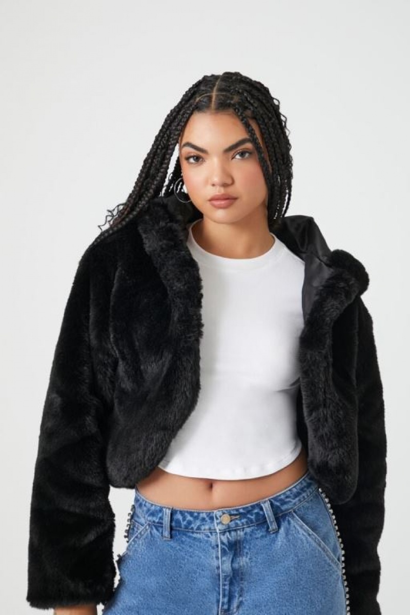 Sudadera con Capucha Forever 21 Faux Fur Open Front Mujer Negras | SPjeI4Zigob