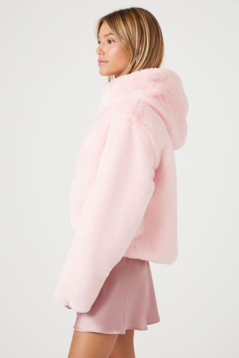 Sudadera con Capucha Forever 21 Faux Fur Open Front Mujer Rosas | K6zPy7gt1qN