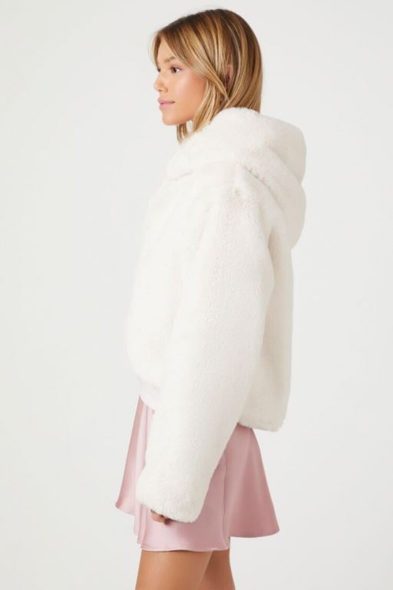 Sudadera con Capucha Forever 21 Faux Fur Open Front Mujer Blancas | IlzoBtxL6Fp