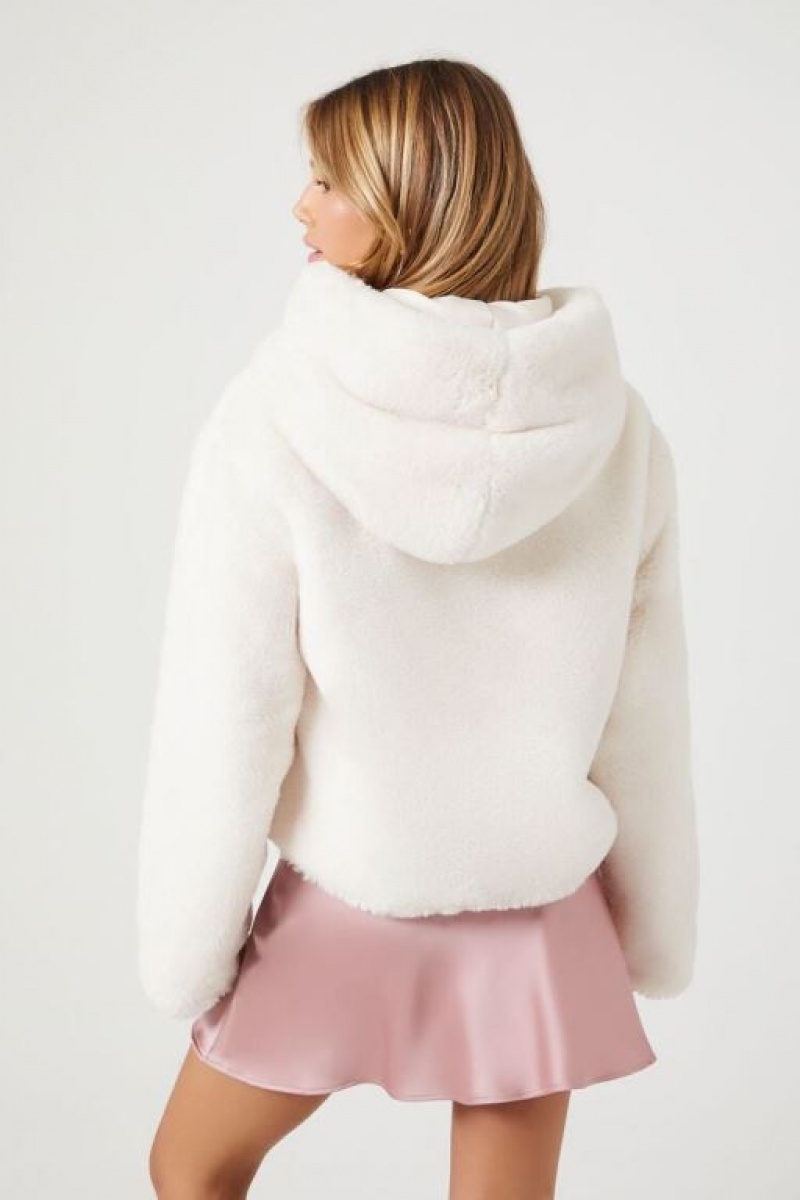 Sudadera con Capucha Forever 21 Faux Fur Open Front Mujer Blancas | IlzoBtxL6Fp