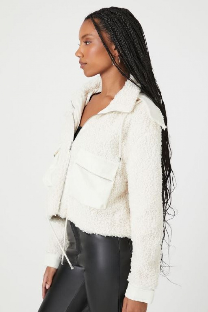 Sudadera con Capucha Forever 21 Faux Shearling Zip Up Mujer Blancas | J6VhOdxXmQ7