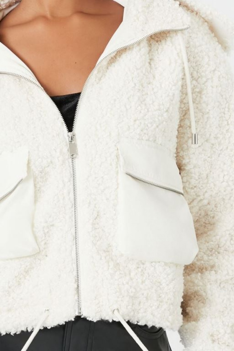 Sudadera con Capucha Forever 21 Faux Shearling Zip Up Mujer Blancas | J6VhOdxXmQ7