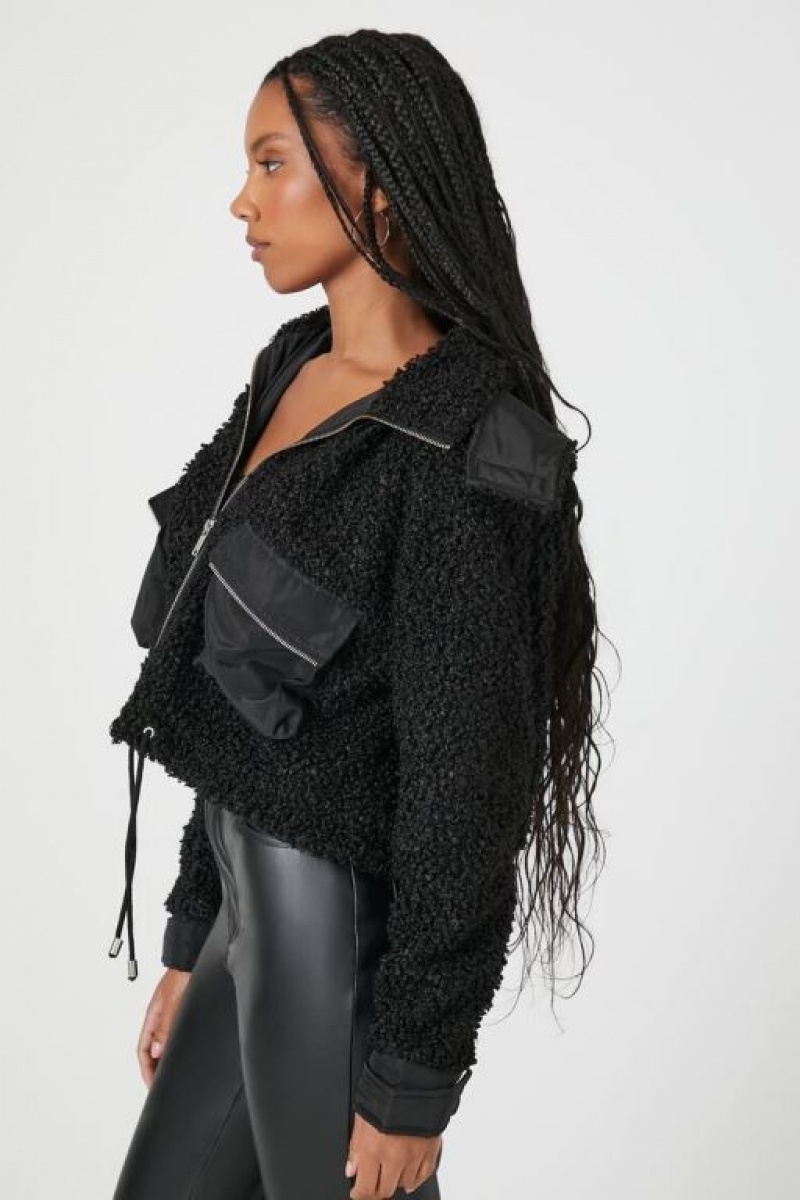 Sudadera con Capucha Forever 21 Faux Shearling Zip Up Mujer Negras | H3pajcOeKtS