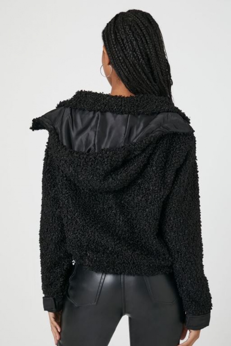 Sudadera con Capucha Forever 21 Faux Shearling Zip Up Mujer Negras | H3pajcOeKtS