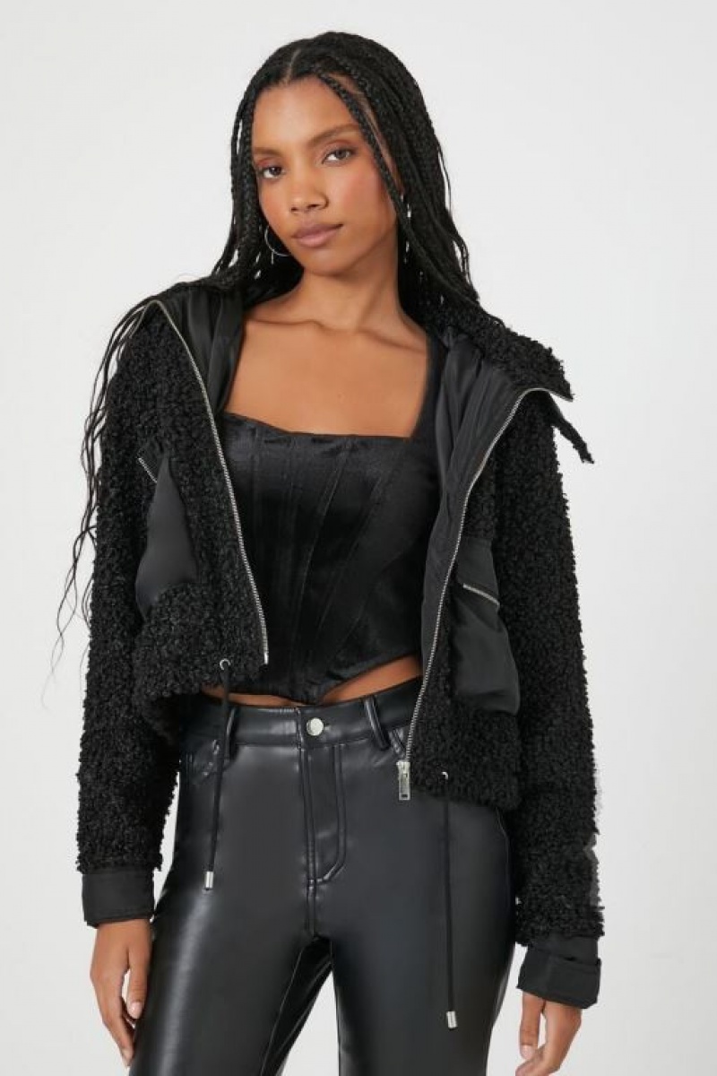 Sudadera con Capucha Forever 21 Faux Shearling Zip Up Mujer Negras | H3pajcOeKtS