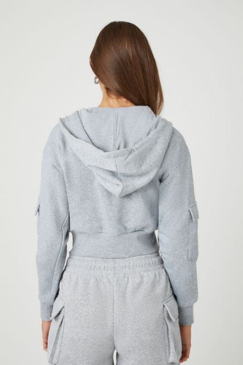 Sudadera con Capucha Forever 21 Flap Pocket Fleece Zip Up Mujer Gris | YPJzGN8nrTG